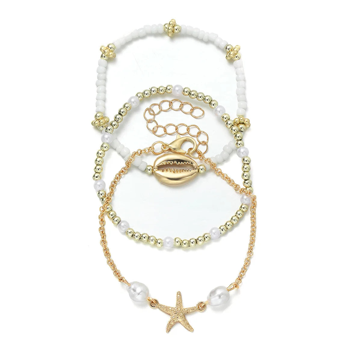 3Pcs Summer Shell Bracelet Set For Women Bohemia Starfish Charm Pearl Seed Beads Chain Bangle Female Beach Vacation Jewelry Gift
