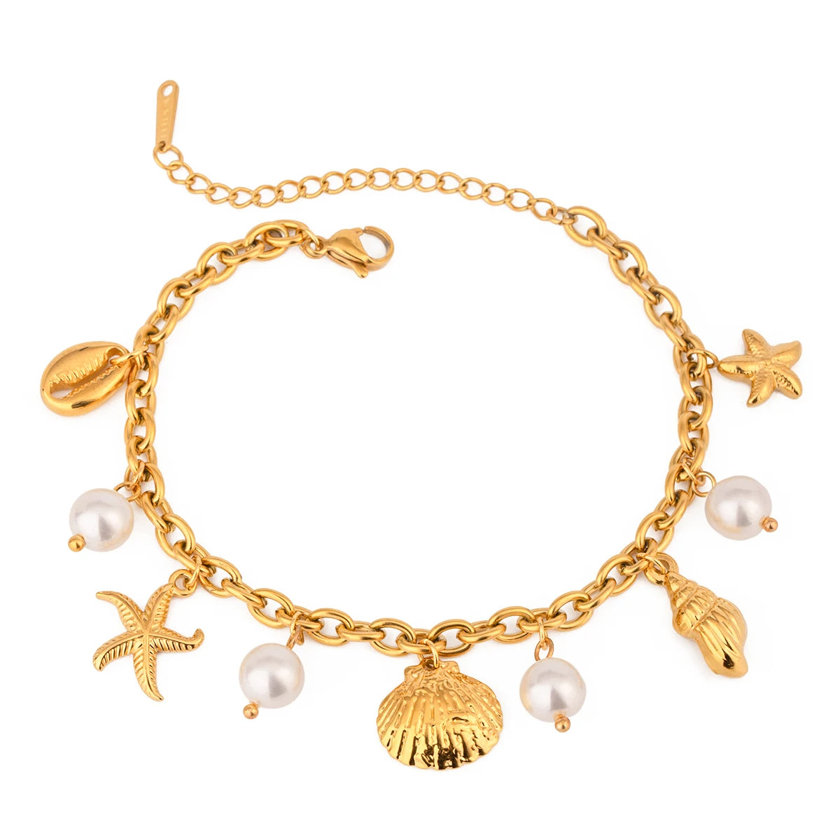 Zora 18K Gold PVD Plated Stainless Steel Pearl Shell Starfish Charm Bracelet Bangle Women Waterproof Beach Jewelrry Gift