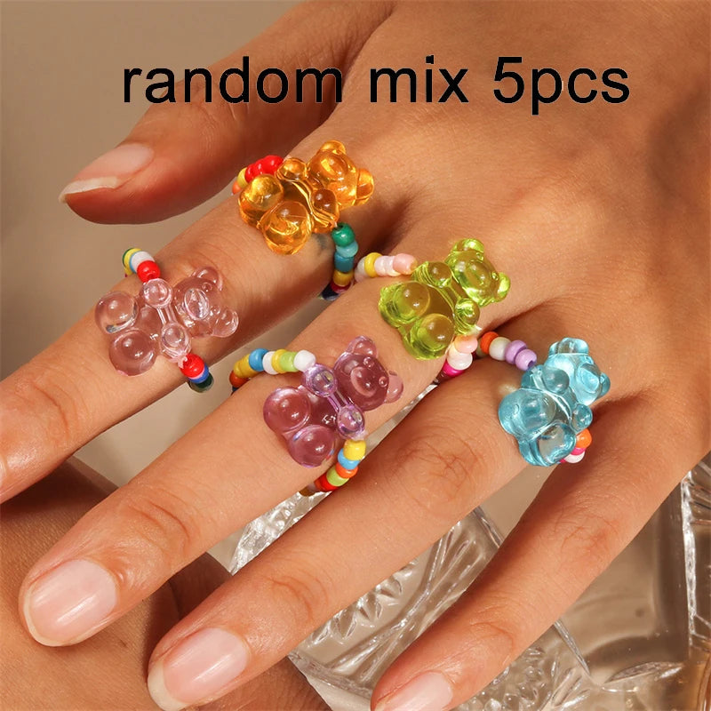 New Korean Colorful Bohemia Small Flower Rings Sets Handmade Beaded Finger Rings For Women Girls Summer Beach Jewelry Gifts