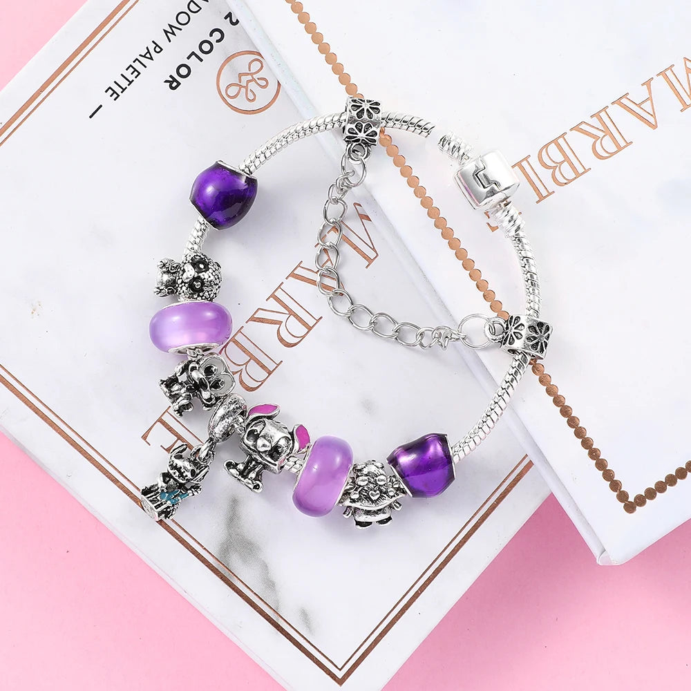 Stitch Disney Bracelet for Girls for Party Lilo and Stitch Charm Bracelet Jewelry Pendant Blue Bead Silver Color Pulsera
