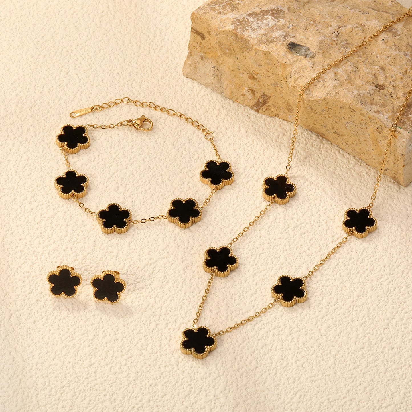 LUXUKISSKIDS Minimalist 3PCS Golden Five-Leaf Flower Necklace Earrings Bracelet Jewelry Sets Shell Clover Dailywear Party Gifts