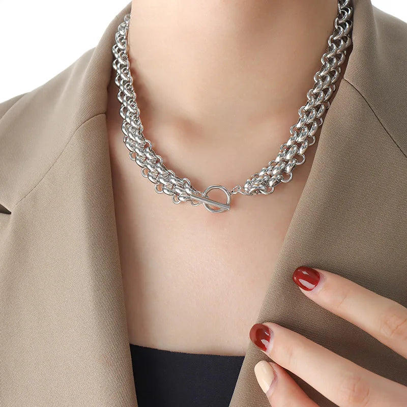 Nivora Stainless Steel Mesh Chain Jewelry Set For Women TO Clasp Thick Chunky Braided Chain 18K Gold Plated Necklaces Bracelets