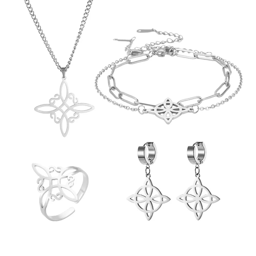 Witch Knot Jewelry Sets for Women Necklace Witchcraft Protection Amulet Bracelet Earring Rings Accessory Set Valentines Day Gift