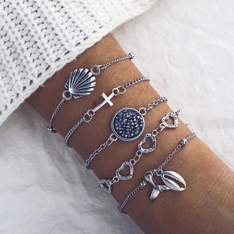 5pcs/lot Bohemian Mixed Golden Shell Starfish Bracelet Women Summer Beach Casual Jewelry Accessories Friendship Gift