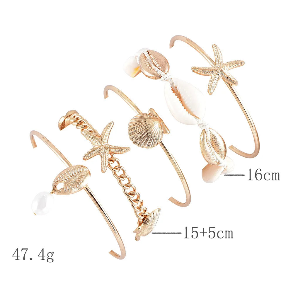 5pcs/lot Bohemian Mixed Golden Shell Starfish Bracelet Women Summer Beach Casual Jewelry Accessories Friendship Gift