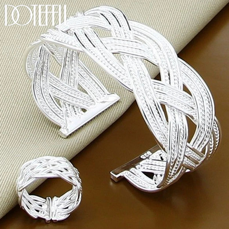 DOTEFFIL 925 Sterling Silver Interwoven Web Bangle Ring Set For Woman Wedding Engagement Party Fashion Charm Jewelry