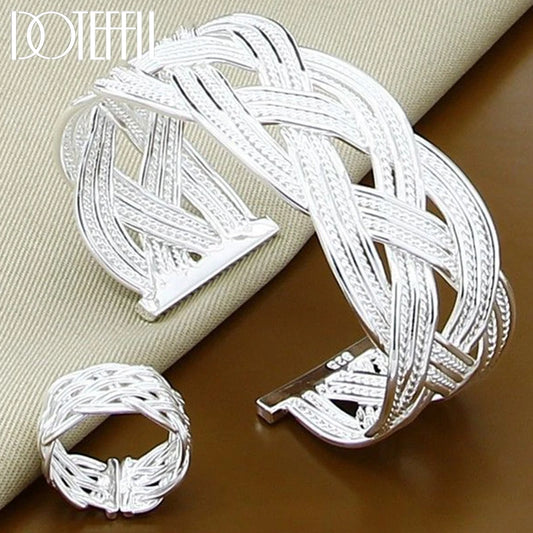 DOTEFFIL 925 Sterling Silver Interwoven Web Bangle Ring Set For Woman Wedding Engagement Party Fashion Charm Jewelry