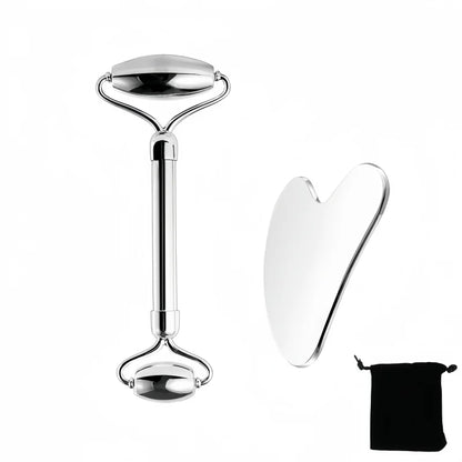 304 Stainless Steel Gua Sha Scraper & Face Roller Set-Skin Care Massage Tools for Lymphatic Drainage, Wrinkle Relief, Relaxation