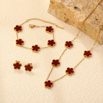 LUXUKISSKIDS Minimalist 3PCS Golden Five-Leaf Flower Necklace Earrings Bracelet Jewelry Sets Shell Clover Dailywear Party Gifts