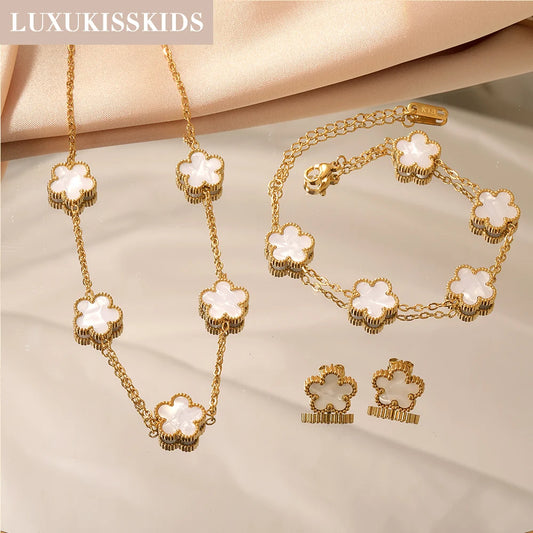 LUXUKISSKIDS Minimalist 3PCS Golden Five-Leaf Flower Necklace Earrings Bracelet Jewelry Sets Shell Clover Dailywear Party Gifts