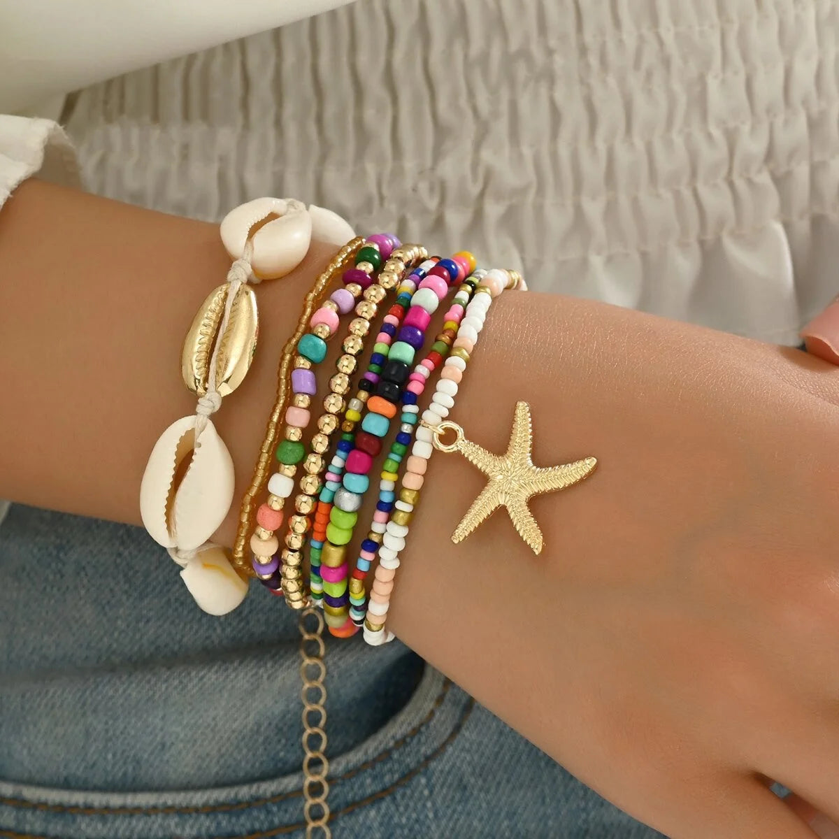 Summer Women's Bohemian Seven-Piece Set Bracelets - Shell Beaded Weaving Design with Starfish Pendant Fashionable Beach Jewelry