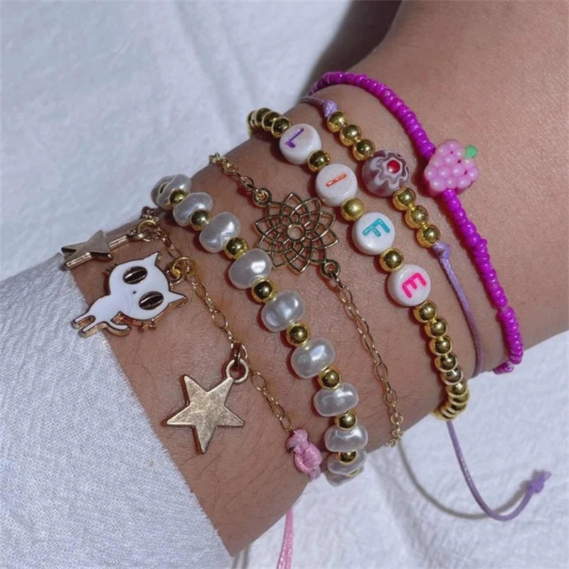5pcs/lot Bohemian Mixed Golden Shell Starfish Bracelet Women Summer Beach Casual Jewelry Accessories Friendship Gift
