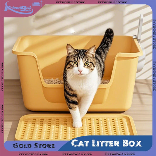 Semi-Enclosed Cat Litter Box High Sides Anti-Splash Thickened Large Capacity Litter Tray with Scoop for Multi-Cat Household