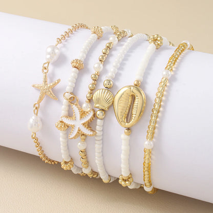 Vintage Seed Bead Stacked Bracelet Set Starfish Shell Embellishment Bracelets Elegant Women's Summer Beach Party Ideal Jewelry