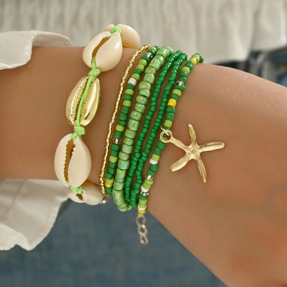 Summer Women's Bohemian Seven-Piece Set Bracelets - Shell Beaded Weaving Design with Starfish Pendant Fashionable Beach Jewelry