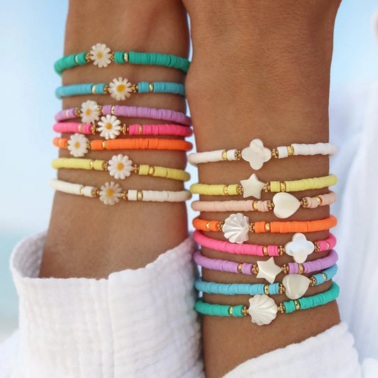 HERLOOK 4mm Heishi Bracelets for Women Stack Shell Heart Daisy Surfer Bracelet Boho Vinyl Disc Beads Pulseras Summer Jewelry