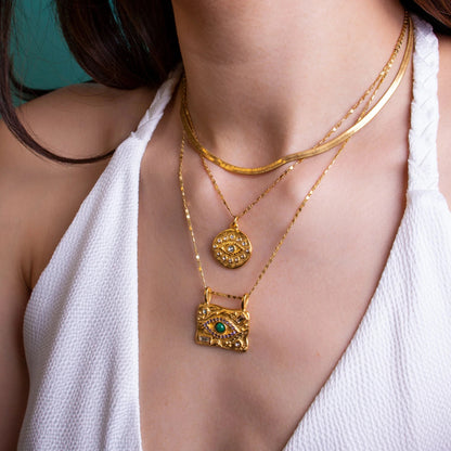 Uworld Waterproof 18K Gold Plated Stainless Steel Rings Jewelry Set Cubic Zirconia Malachite Eye Pendant Necklace boucle oreille