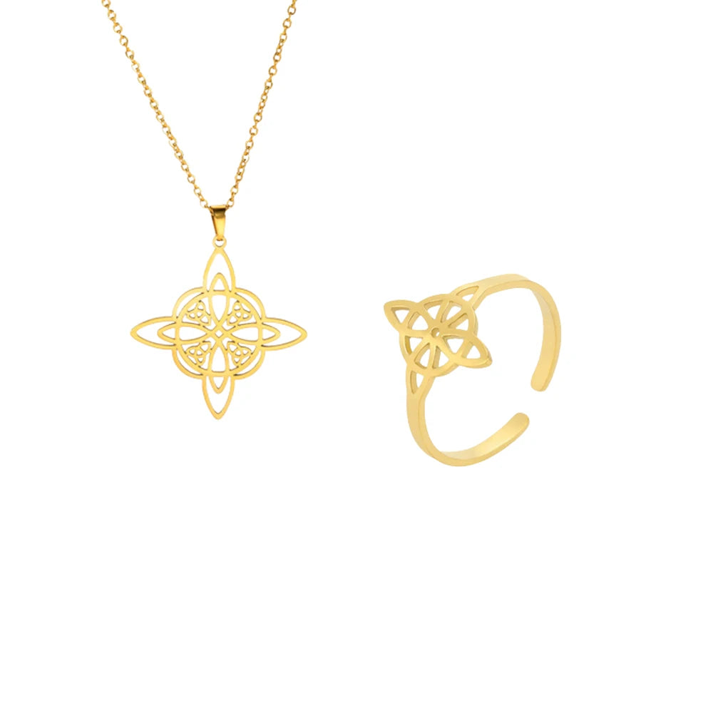Witch Knot Jewelry Sets for Women Necklace Witchcraft Protection Amulet Bracelet Earring Rings Accessory Set Valentines Day Gift