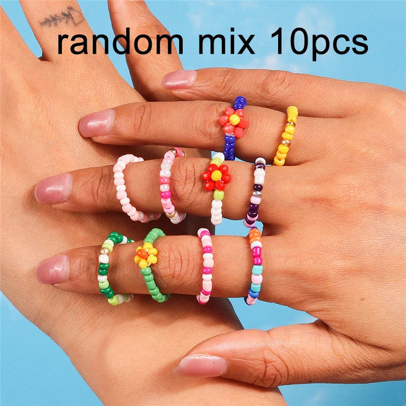 New Korean Colorful Bohemia Small Flower Rings Sets Handmade Beaded Finger Rings For Women Girls Summer Beach Jewelry Gifts