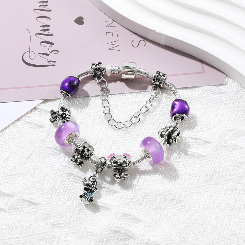 Stitch Disney Bracelet for Girls for Party Lilo and Stitch Charm Bracelet Jewelry Pendant Blue Bead Silver Color Pulsera