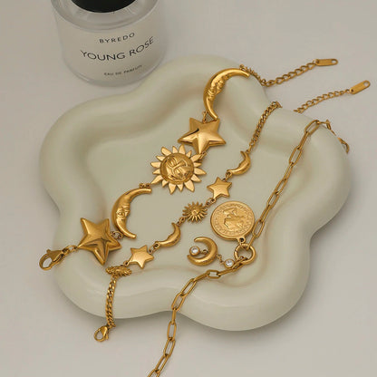 Youthway Sunshine Beach Ocean Bracelet Gold Plated Stainless Sun Star Moon Steel Pendant Bracelet Set Women's Jewelry Summer