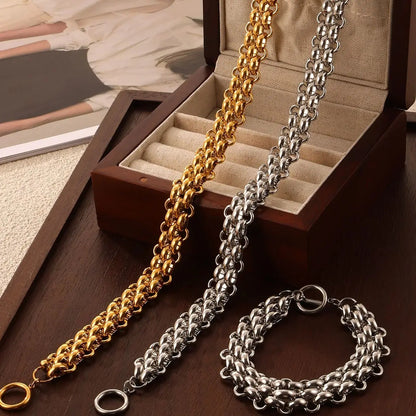 Nivora Stainless Steel Mesh Chain Jewelry Set For Women TO Clasp Thick Chunky Braided Chain 18K Gold Plated Necklaces Bracelets