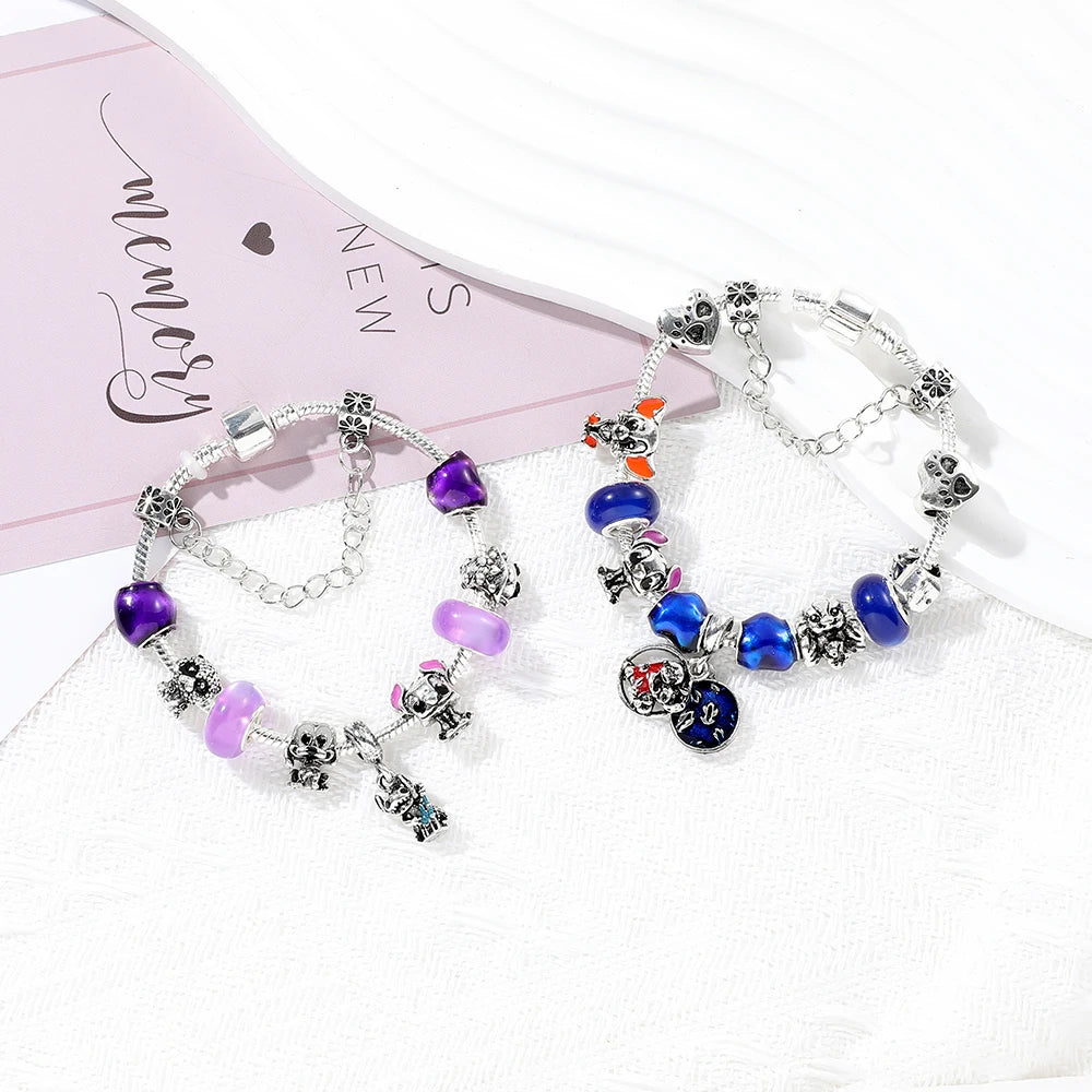Stitch Disney Bracelet for Girls for Party Lilo and Stitch Charm Bracelet Jewelry Pendant Blue Bead Silver Color Pulsera