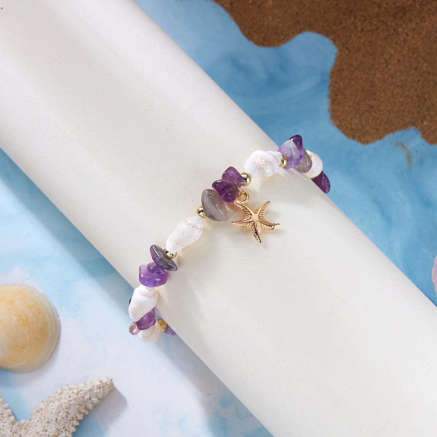 Bohemian Starfish Pendant Bracelet for Women Handmade Crushed Stone Beaded Bracelet Summer Beach Jewelry Travel Accessory Gift