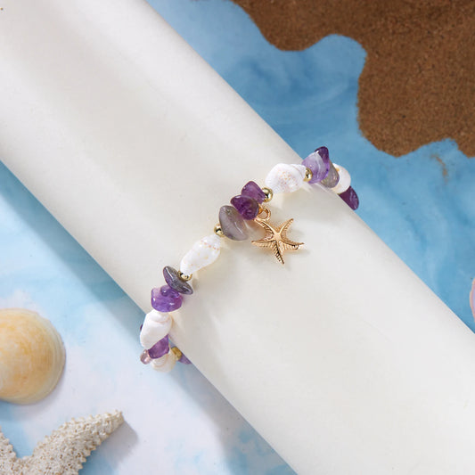 Bohemian Starfish Pendant Bracelet for Women Handmade Crushed Stone Beaded Bracelet Summer Beach Jewelry Travel Accessory Gift