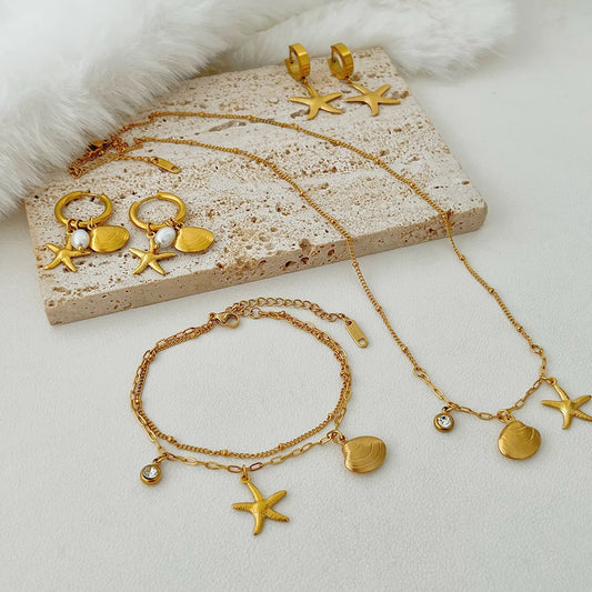 ALTERA New Bohemia Handmade Stainless Steel Necklace Earrings Bracelet Shell Starfish Charm Waterproof Jewelry Set Summer Beach