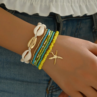 Summer Women's Bohemian Seven-Piece Set Bracelets - Shell Beaded Weaving Design with Starfish Pendant Fashionable Beach Jewelry