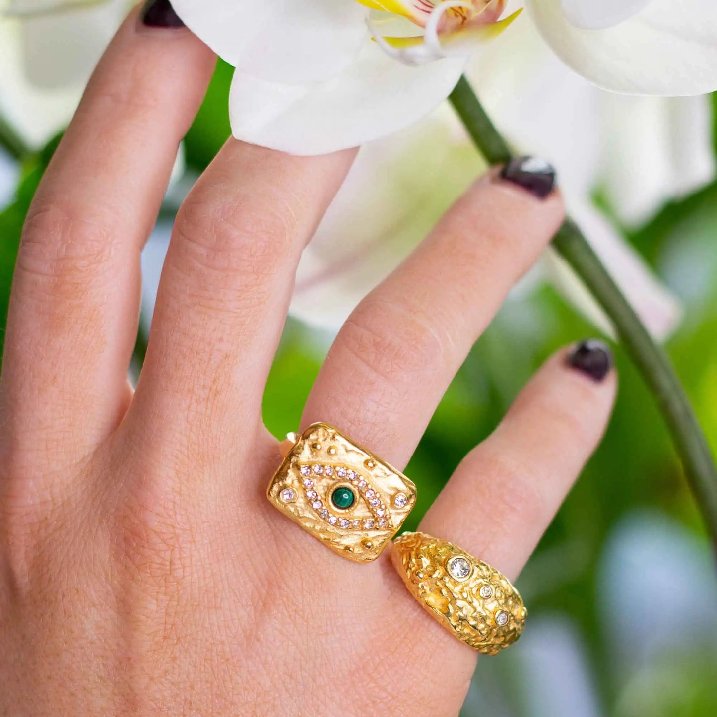 Uworld Waterproof 18K Gold Plated Stainless Steel Rings Jewelry Set Cubic Zirconia Malachite Eye Pendant Necklace boucle oreille
