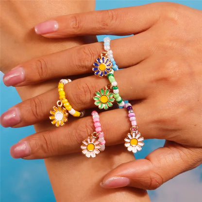 New Korean Colorful Bohemia Small Flower Rings Sets Handmade Beaded Finger Rings For Women Girls Summer Beach Jewelry Gifts