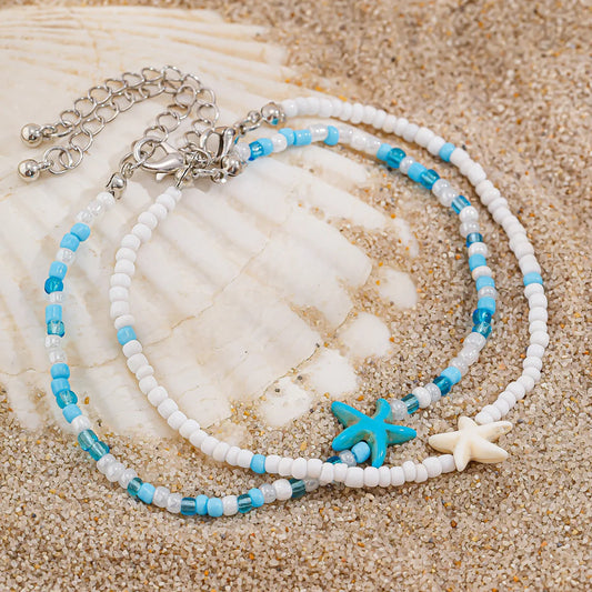 Bohemian Sea Turtle Starfish Pendant Anklets for Women Fashion Summer Beach Multilayer Rice Beads Ankle Bracelet On Foot Jewelry
