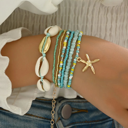 Summer Women's Bohemian Seven-Piece Set Bracelets - Shell Beaded Weaving Design with Starfish Pendant Fashionable Beach Jewelry