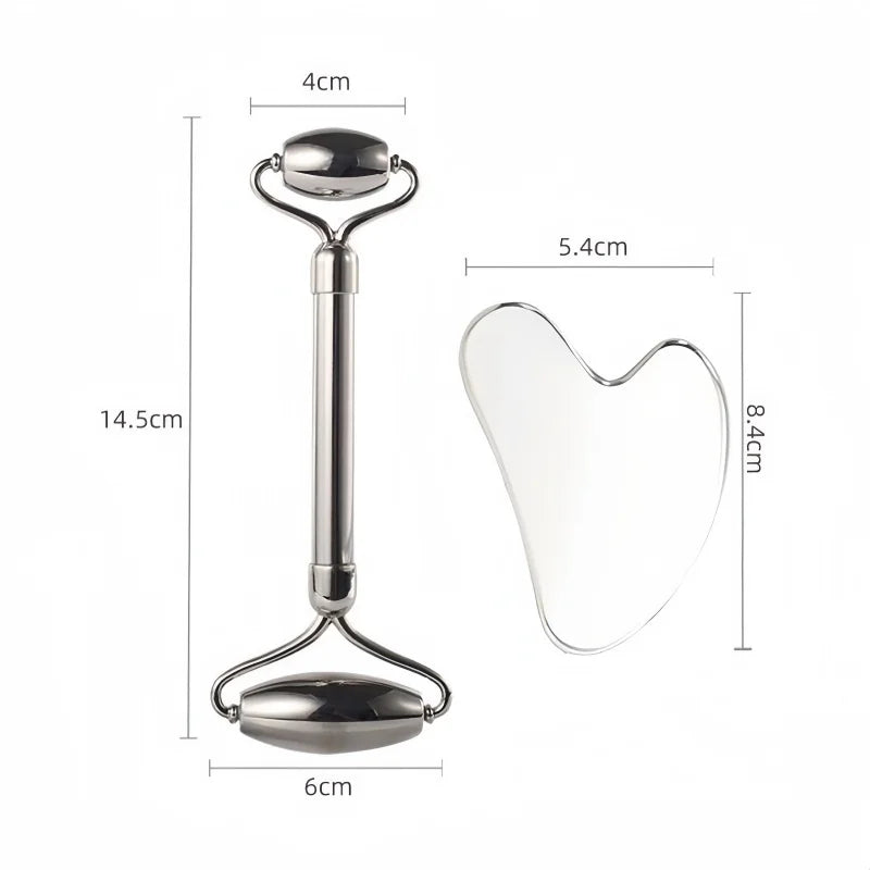 304 Stainless Steel Gua Sha Scraper & Face Roller Set-Skin Care Massage Tools for Lymphatic Drainage, Wrinkle Relief, Relaxation