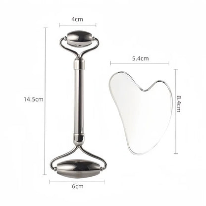 304 Stainless Steel Gua Sha Scraper & Face Roller Set-Skin Care Massage Tools for Lymphatic Drainage, Wrinkle Relief, Relaxation