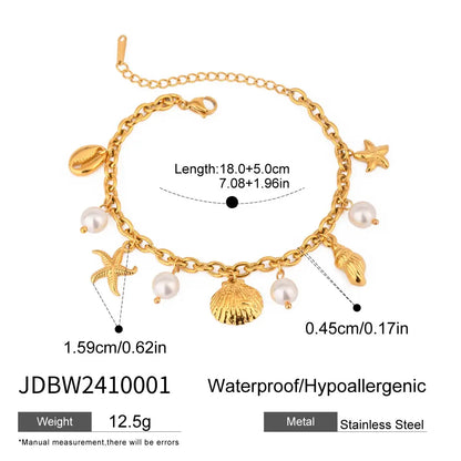 Zora 18K Gold PVD Plated Stainless Steel Pearl Shell Starfish Charm Bracelet Bangle Women Waterproof Beach Jewelrry Gift