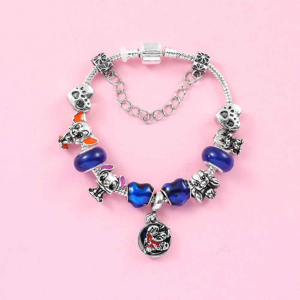 Stitch Disney Bracelet for Girls for Party Lilo and Stitch Charm Bracelet Jewelry Pendant Blue Bead Silver Color Pulsera