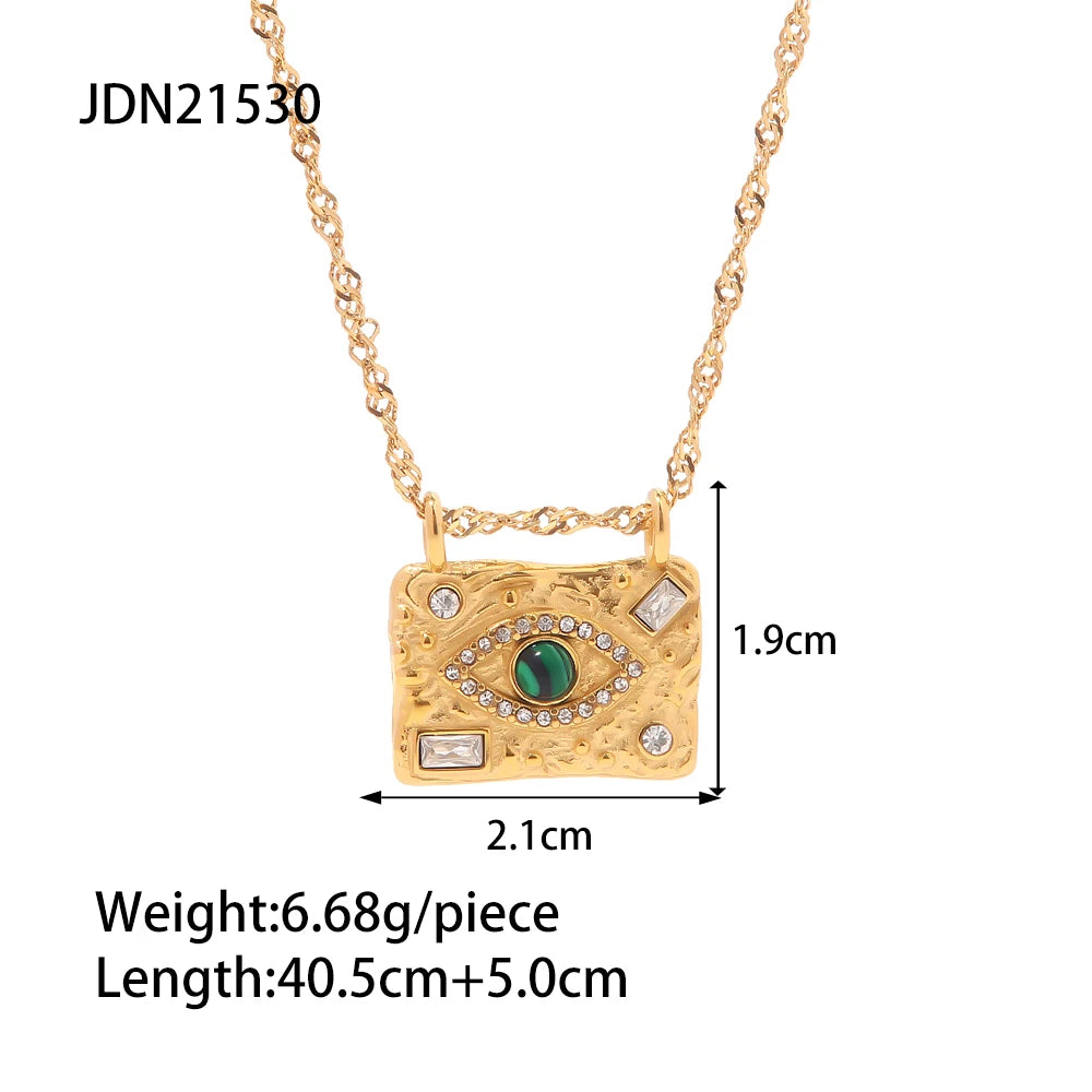 Uworld Waterproof 18K Gold Plated Stainless Steel Rings Jewelry Set Cubic Zirconia Malachite Eye Pendant Necklace boucle oreille
