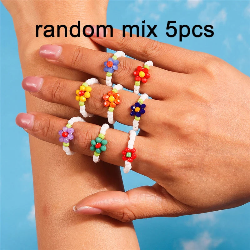 New Korean Colorful Bohemia Small Flower Rings Sets Handmade Beaded Finger Rings For Women Girls Summer Beach Jewelry Gifts