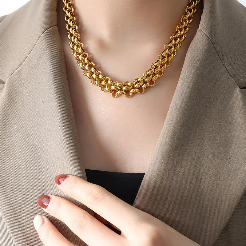 Nivora Stainless Steel Mesh Chain Jewelry Set For Women TO Clasp Thick Chunky Braided Chain 18K Gold Plated Necklaces Bracelets