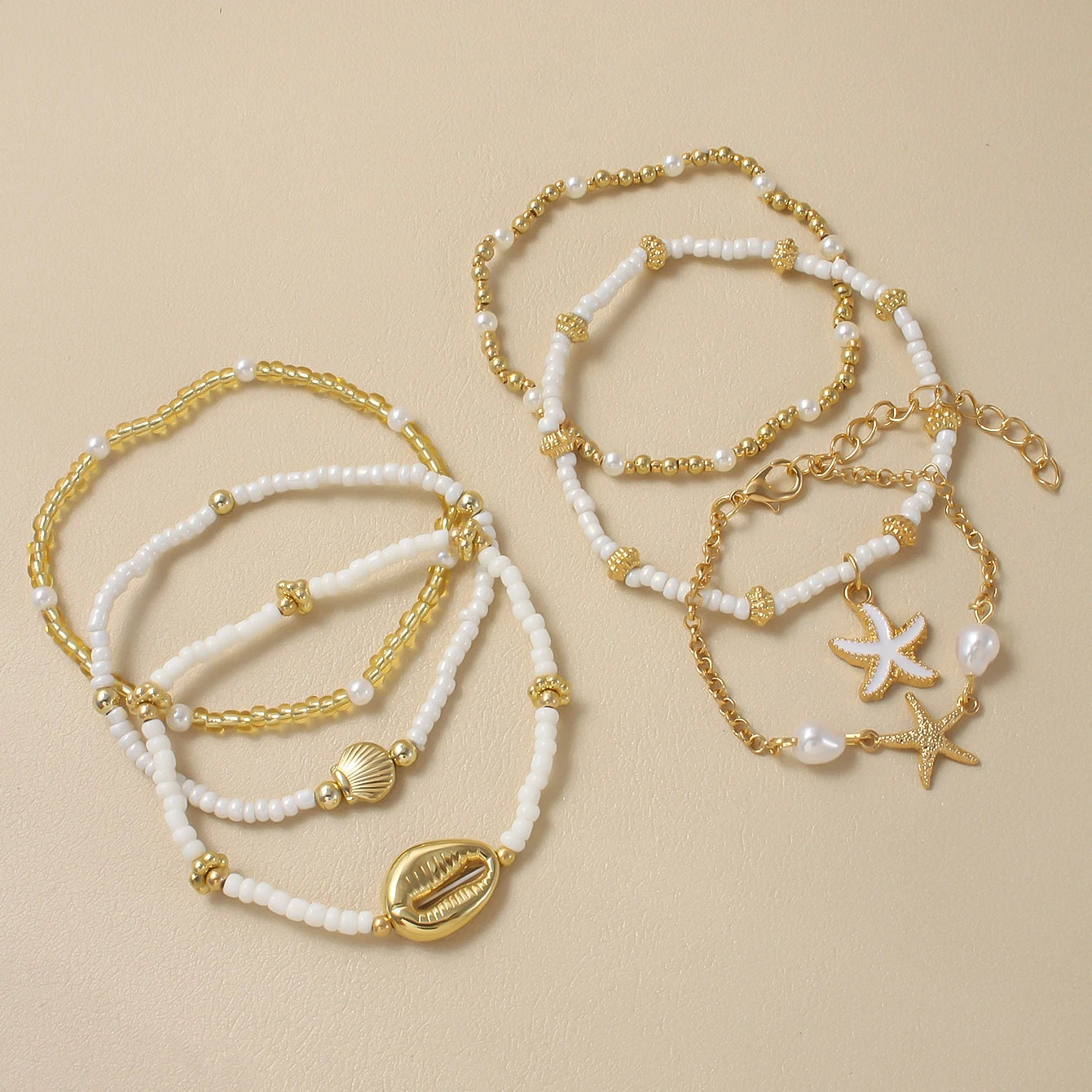 Vintage Seed Bead Stacked Bracelet Set Starfish Shell Embellishment Bracelets Elegant Women's Summer Beach Party Ideal Jewelry
