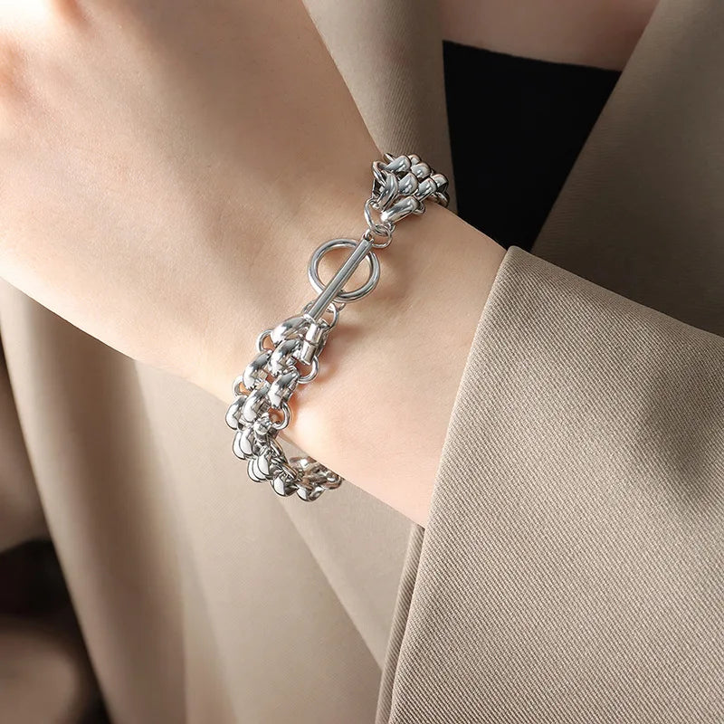 Nivora Stainless Steel Mesh Chain Jewelry Set For Women TO Clasp Thick Chunky Braided Chain 18K Gold Plated Necklaces Bracelets