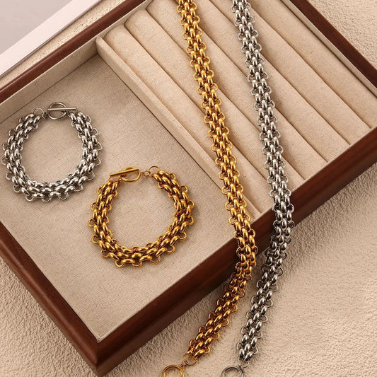 Nivora Stainless Steel Mesh Chain Jewelry Set For Women TO Clasp Thick Chunky Braided Chain 18K Gold Plated Necklaces Bracelets