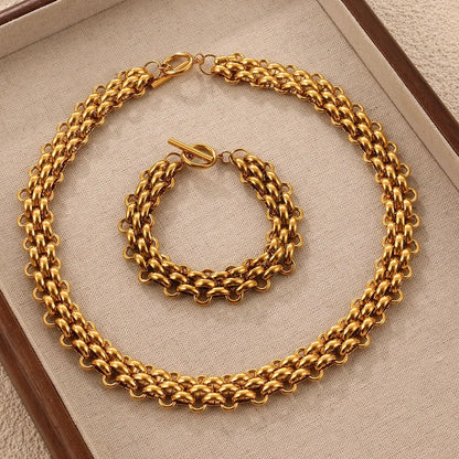 Nivora Stainless Steel Mesh Chain Jewelry Set For Women TO Clasp Thick Chunky Braided Chain 18K Gold Plated Necklaces Bracelets