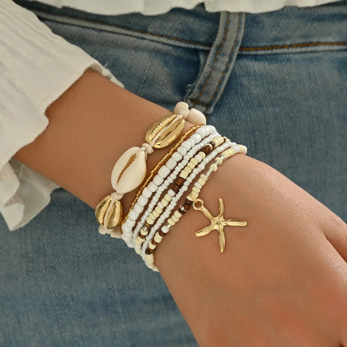 Summer Women's Bohemian Seven-Piece Set Bracelets - Shell Beaded Weaving Design with Starfish Pendant Fashionable Beach Jewelry