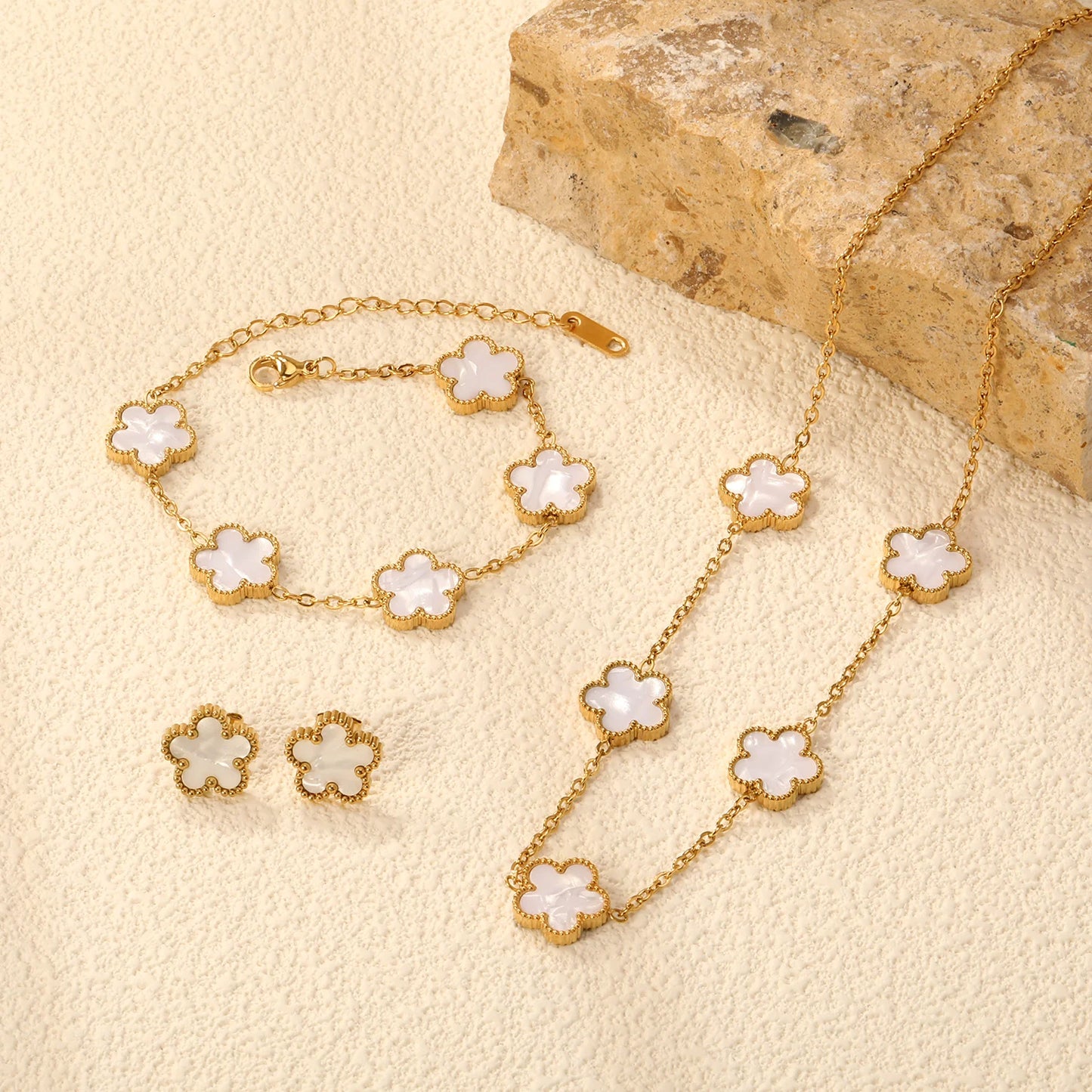 LUXUKISSKIDS Minimalist 3PCS Golden Five-Leaf Flower Necklace Earrings Bracelet Jewelry Sets Shell Clover Dailywear Party Gifts