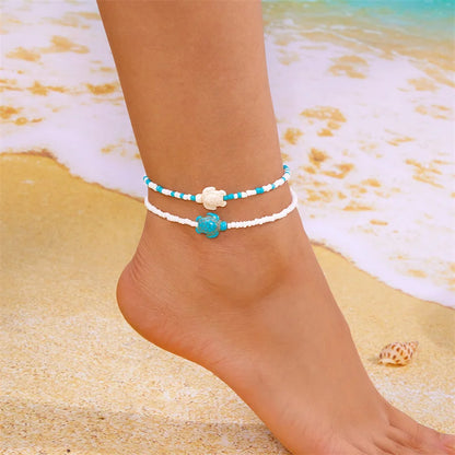 Bohemian Sea Turtle Starfish Pendant Anklets for Women Fashion Summer Beach Multilayer Rice Beads Ankle Bracelet On Foot Jewelry