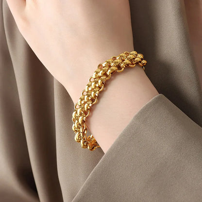 Nivora Stainless Steel Mesh Chain Jewelry Set For Women TO Clasp Thick Chunky Braided Chain 18K Gold Plated Necklaces Bracelets